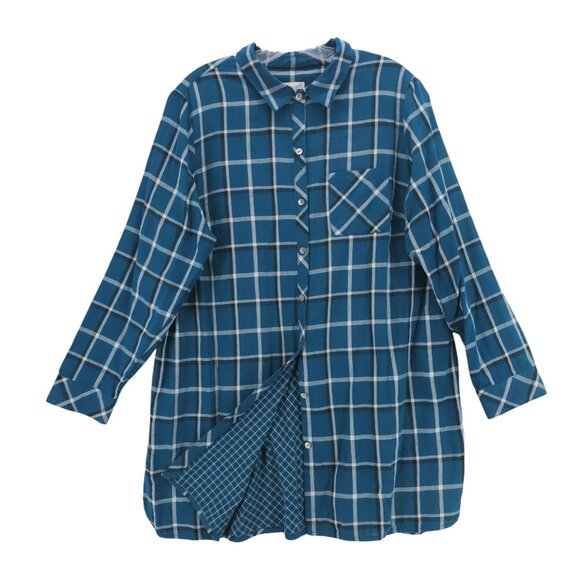 J. JILL Blue Plaid Check Double Fabric Tunic Shirt Button Up 100% Cotton Size 1X - Picture 1 of 11